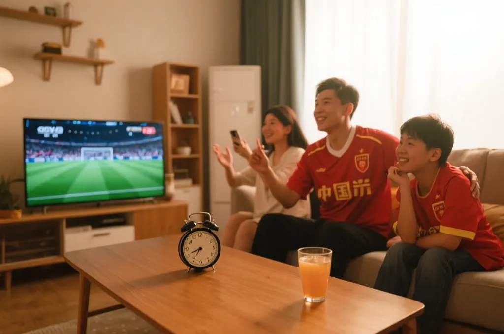 中国球迷在屏幕前观看世界杯直播的氛围画面